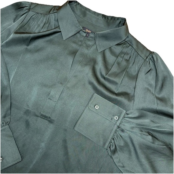 Quince Washable Stretch Silk Split Neck Blouse Forest Green Women's L - Picture 2 of 10